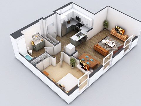 Floor plan for 1 bed, 1 bath, 773 sqft